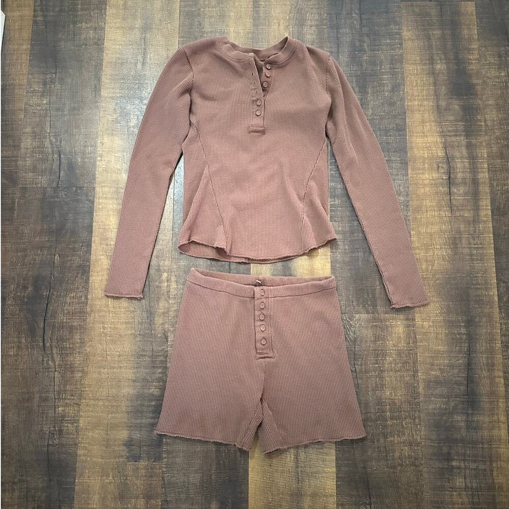 SKIMS Waffle Knit Henley Top & Shorts Lounge Set Size Large
